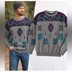 CC Sport Tall Mens XL Southwestern Geometric Knit Sweater Made USA Vintage 90s